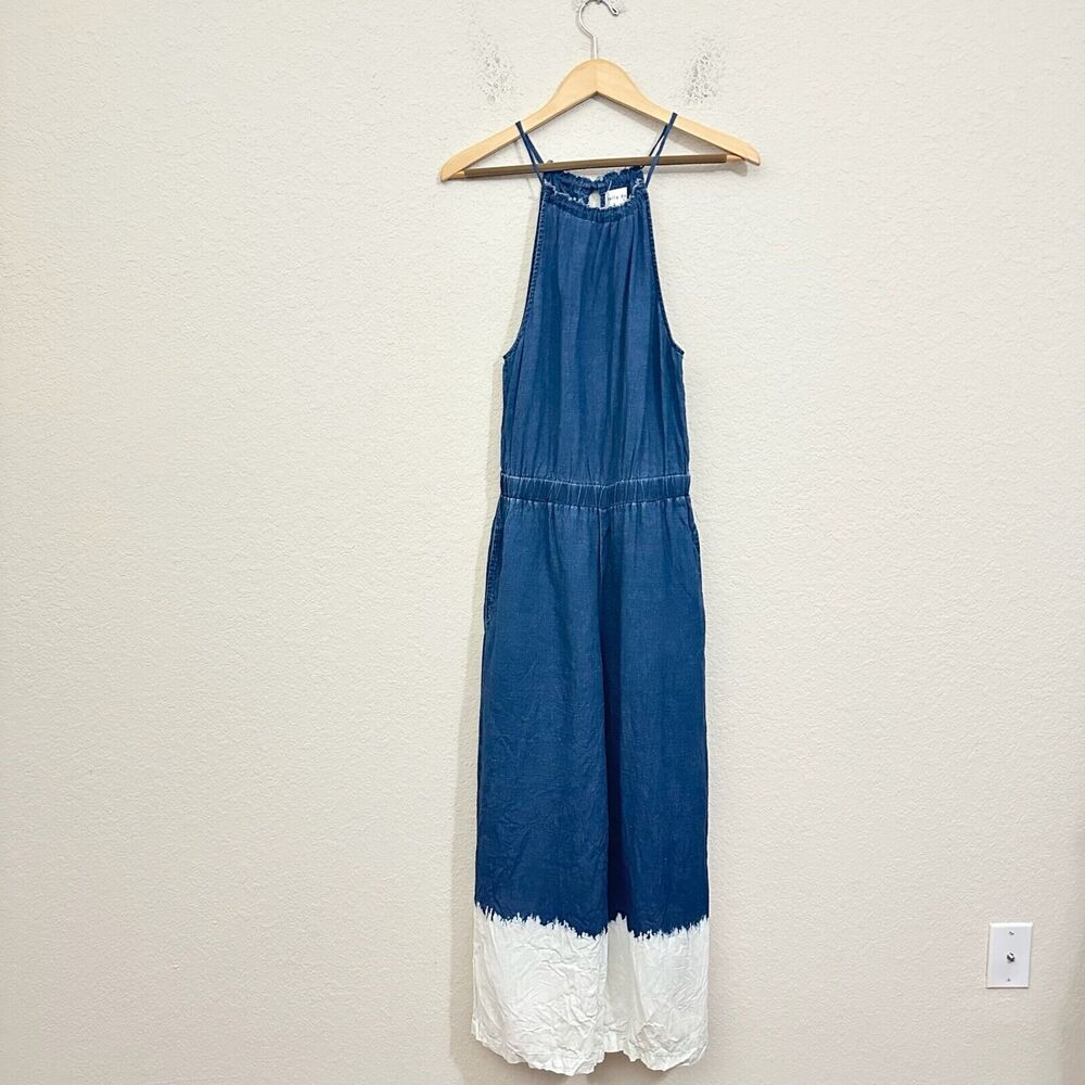 BELLA DAHL Fray Neck Wide Leg Jumpsuit Blue Sleeveless Linen